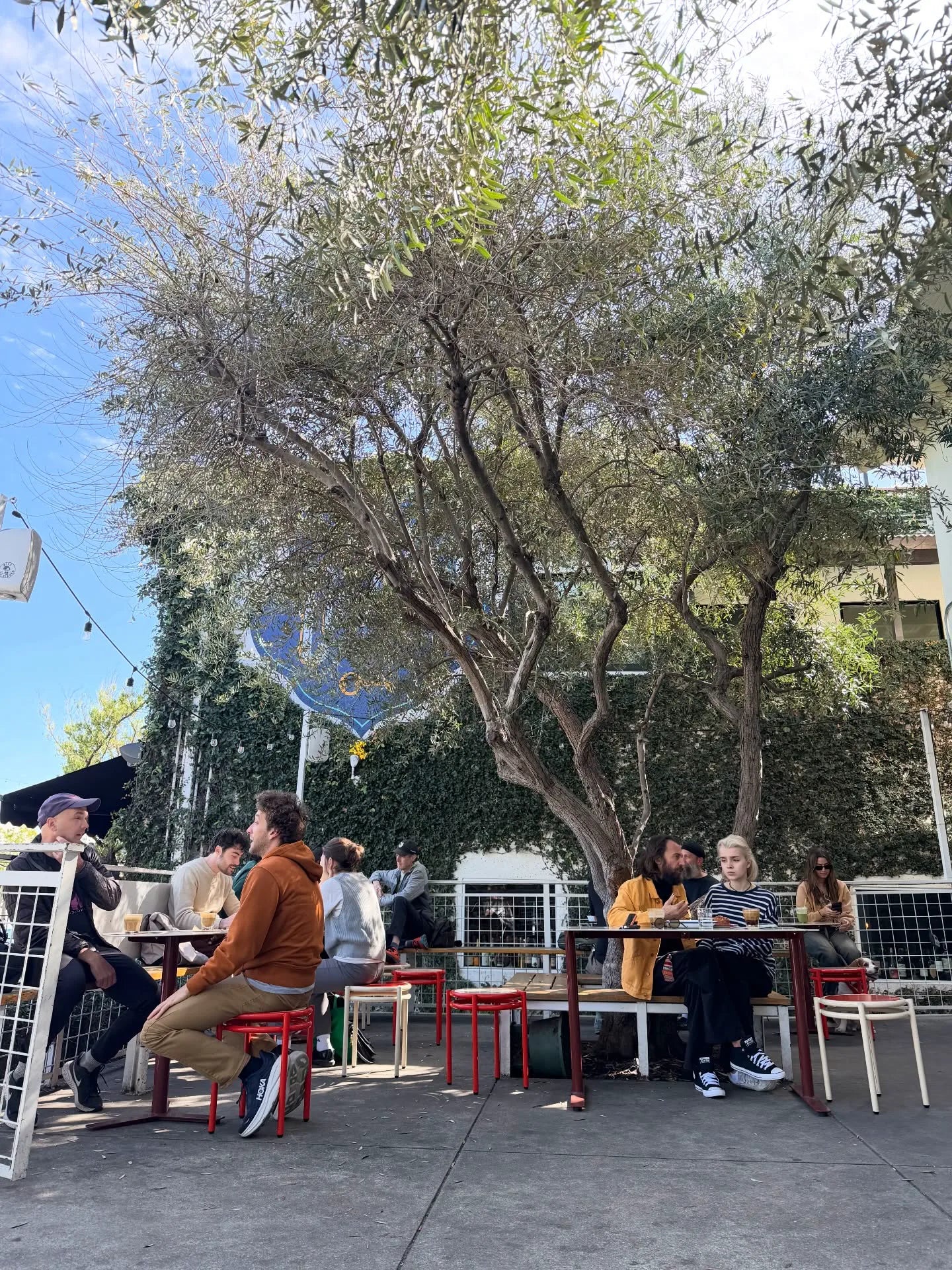 Guests gathering on the patio at a Go Get Em Tiger coffee shop in Los Angeles
