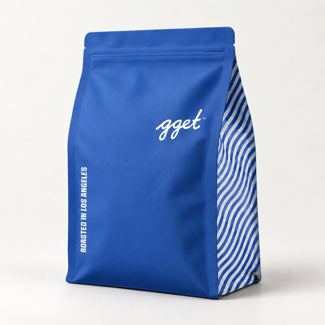 Blue GGET bag labeled Roasted in Los Angeles