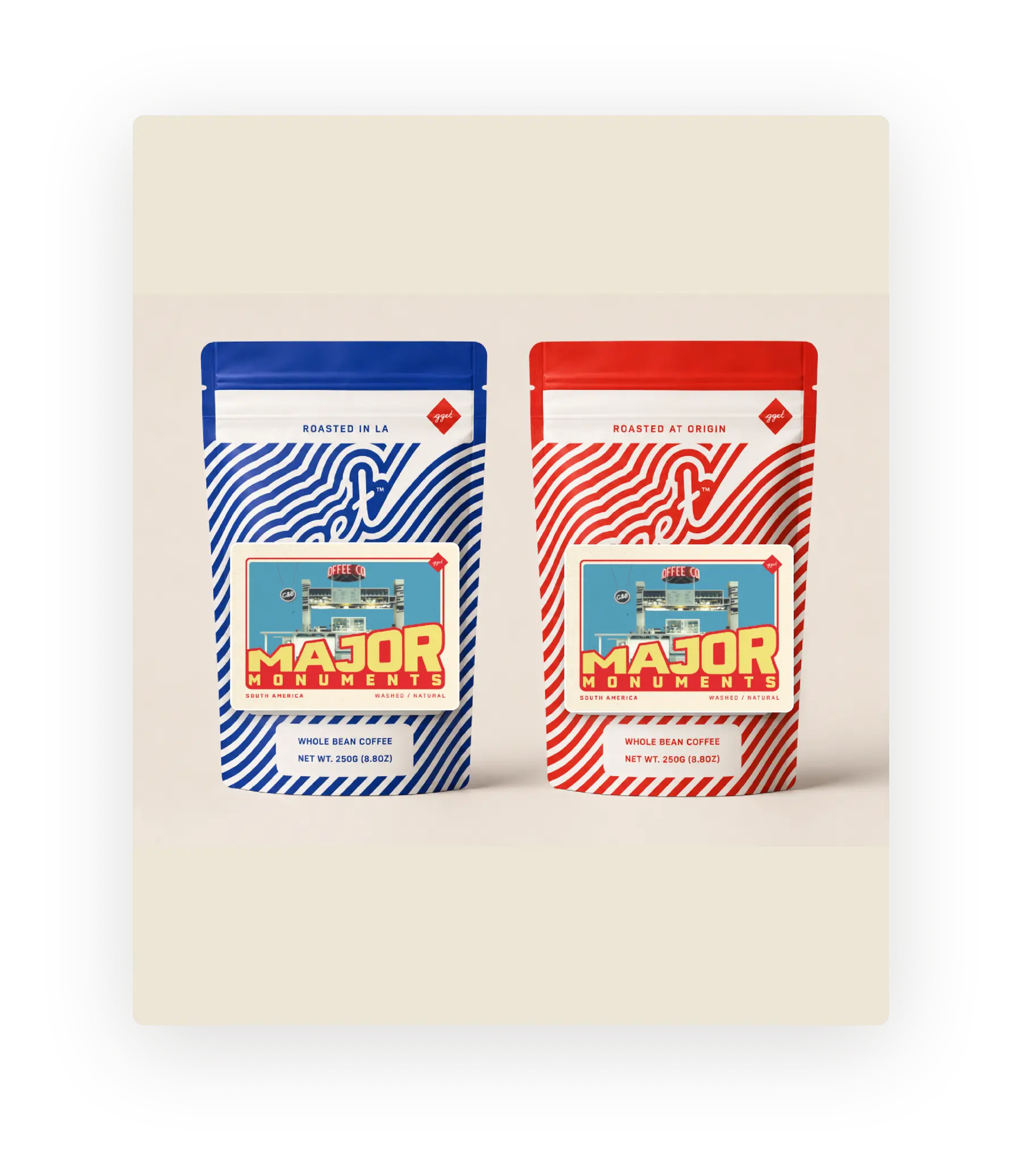 Blue Roasted in LA and red Roasted at Origin GGET coffee bags